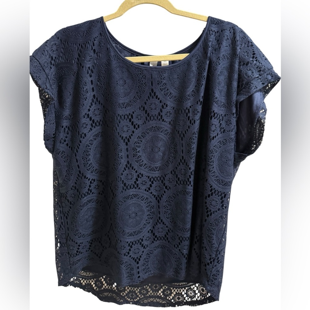 Tacera XL Dark Blue Lace Overlay Blouse Scalloped Hem